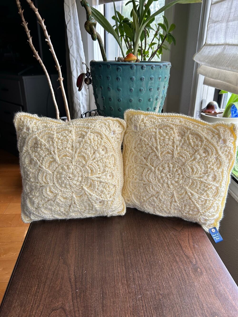 2 Vintage ivory handmade crochet pillow square floral mandala design